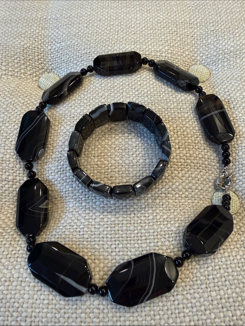 Black Tuxedo Agate Bead Necklace and Stretch Bracelet Set- large stones.